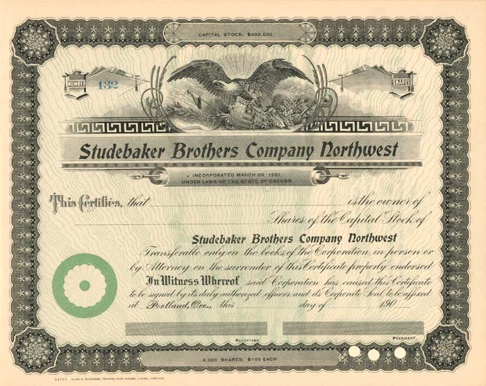 Studebaker Brothers Co. Northwest - Stock Certificate